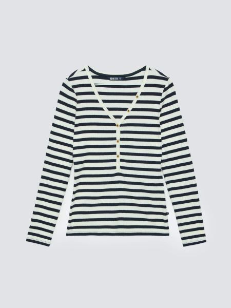 Bluzka damska z dekolotem v-neck w paski granatowa Mella 403. Niebieskie bluzki Big Star, l, bez wzorów, z bawełny, klasyczne, bez kołnierzyka, bez ramiączek. W wyprzedaży za 39,99 zł.