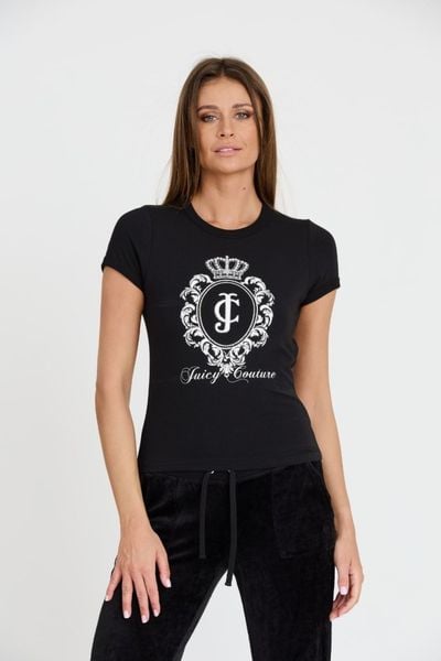 JUICY COUTURE Czarny damski t-shirt Heritage Crest Fitted, Rozmiar M. Czarne t-shirty Juicy Couture, m, bez wzorów, bez kołnierzyka, bez ramiączek. W wyprzedaży za 119,99 zł.