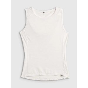 Damski tank top 4F FNK F0884. Białe topy 4f, xs, bez wzorów, ze skóry, klasyczne, bez kołnierzyka, bez ramiączek. Za 129,50 zł.