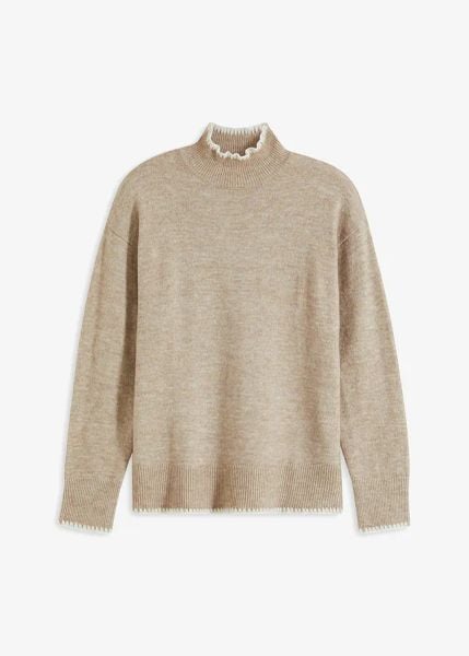 Sweter ze stójką. Brązowe swetry klasyczne bonprix, bez kołnierzyka. Za 117,99 zł.