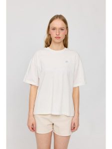 MAZINE Koszulka "Back Print" w kolorze kremowym ze wzorem rozmiar: M. Brązowe bluzki MAZINE, m, bez wzorów, z bawełny, bez kołnierzyka, bez ramiączek. Za 96,60 zł.