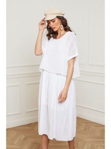 Fleur de Lin Lniana sukienka "Equanone" w kolorze białym rozmiar: M. Białe sukienki Fleur de Lin, m, bez wzorów, ze lnu, bez kołnierzyka, bez ramiączek, midi. Za 180,49 zł.