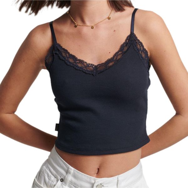 Koszulka turystyczna damska Superdry Vintage Rib Lave Top. Niebieskie bluzki Superdry, bez wzorów, z bawełny, sportowe, bez kołnierzyka, bez ramiączek. W wyprzedaży za 64,00 zł.