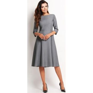 Szara Elegancka Rozkloszowana Sukienka Midi z Rękawem 3/4. Szare sukienki Awama, l, bez wzorów, z elastanu, eleganckie, bez kołnierzyka, bez ramiączek, midi, rozkloszowane. Za 197,90 zł.
