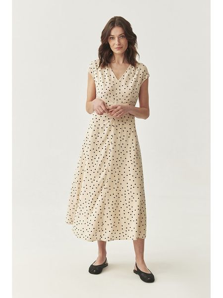 TATUUM Sukienka w kolorze beżowo-czarnym rozmiar: 40. Brązowe sukienki Tatuum, bez wzorów, z wiskozy, bez kołnierzyka, bez ramiączek, midi. Za 174,43 zł.