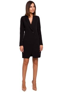 Czarna Elegancka Żakietowa Sukienka na Jeden Guzik. Czarne sukienki MOE, l, bez wzorów, z elastanu, eleganckie, bez kołnierzyka, bez ramiączek. Za 273,90 zł.