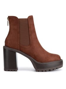 Nine West Botki WFA3374-1 Brązowy. Brązowe botki Nine West, bez wzorów, z materiału, bez obcasa, na słupku, bez zapięcia. Za 299,99 zł.