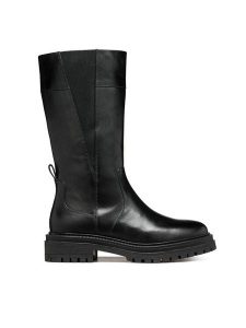 Geox Kozaki D Iridea D46HRD 00043 C9999 Czarny. Czarne kozaki Geox, bez wzorów, ze skóry, bez obcasa, na płaskiej podeszwie, bez zapięcia. Za 579,99 zł.