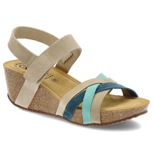 Sandały damskie HEE, skórzane na korkowej podeszwie na koturnie na rzepy, jeansowe, 25012. Brązowe sandały Hee, bez wzorów, z jeansu, bez obcasa, na koturnie, bez zapięcia. Za 249,00 zł.