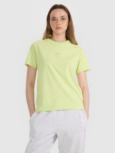 4F T-shirt oversize z nadrukiem damski - żółty L. Żółte t-shirty 4f, l, bez wzorów, z bawełny, bez kołnierzyka, bez ramiączek. W wyprzedaży za 49,99 zł.