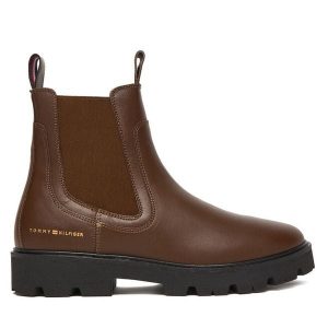 Sztyblety Tommy Hilfiger. Brązowe botki TOMMY HILFIGER, bez wzorów, bez obcasa, na płaskiej podeszwie, bez zapięcia. Za 599,99 zł.