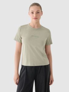 4F T-shirt regular z nadrukiem damski - oliwkowy/khaki XS. Brązowe t-shirty 4f, xs, bez wzorów, z bawełny, bez kołnierzyka, bez ramiączek. W wyprzedaży za 29,99 zł.