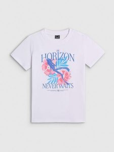 4F T-shirt regular z nadrukiem damski - biały M. Białe t-shirty 4f, m, bez wzorów, z bawełny, bez kołnierzyka, bez ramiączek. Za 59,99 zł.