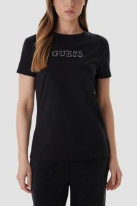 GUESS Czarny damski t-shirt na krótki rękaw z cyrkoniami Briana, Rozmiar S. Czarne t-shirty Guess, s, z aplikacjami, bez kołnierzyka, bez ramiączek. Za 189,99 zł.
