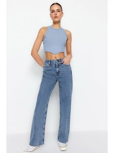 Trendyol Dżinsy - Comfort fit - w kolorze niebieskim rozmiar: 34. Niebieskie jeansy Trendyol, bez wzorów, z bawełny, z podwyższonym stanem. Za 86,99 zł.