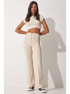 Happiness Istanbul Spodnie w kolorze kremowym rozmiar: 40. Brązowe spodnie z wysokim stanem Happiness Istanbul, bez wzorów, z materiału, z podwyższonym stanem. Za 73,99 zł.