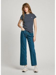 Pepe Jeans Koszulka "Meribel" w kolorze granatowo-białym rozmiar: S. Niebieskie bluzki Pepe Jeans, s, bez wzorów, z jeansu, bez kołnierzyka, bez ramiączek. Za 114,17 zł.