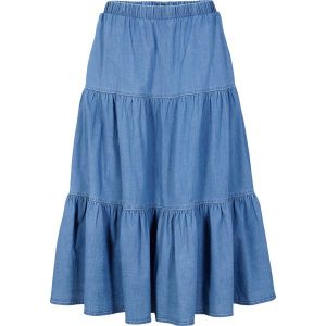 Spódnica dżinsowa z falban. Niebieskie spódnice bonprix, bez wzorów. Za 122,99 zł.