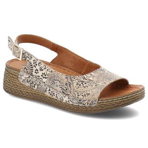 Sandały damskie Maciejka, skórzane we wzorki na platformie zapinane sprzączką, beżowe kwiatowe, L7069-04-00-1. Brązowe sandały Maciejka, bez wzorów, bez obcasa, na koturnie, bez zapięcia. Za 209,00 zł.