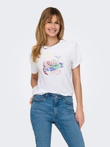 ONLY Koszulka "Lucia" w kolorze białym rozmiar: XL. Białe bluzki ONLY, xl, bez wzorów, z bawełny, bez kołnierzyka, bez ramiączek. Za 57,06 zł.