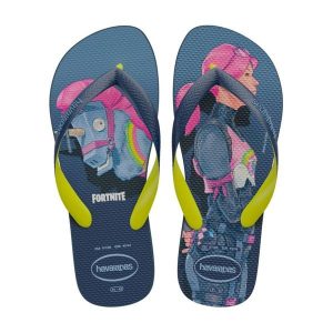 Klapki Havaianas Top Fortnite. Niebieskie klapki Havaianas, bez wzorów, z gumy, z otwartym noskiem, bez obcasa. Za 126,95 zł.