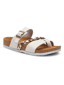 Comfortfusse Skórzane japonki w kolorze złoto-białym rozmiar: 38. Białe klapki Comfortfüße, bez wzorów, ze skóry, z otwartym noskiem, bez obcasa. Za 260,99 zł.