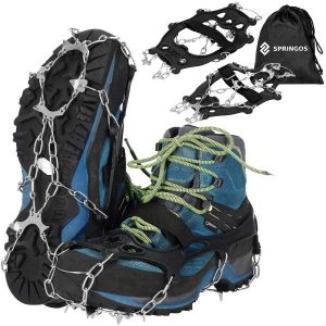 Raczki na buty Springos stalowe antypoślizgowe rozmiar 41-45. Czarne buty trekkingowe SPRINGOS, bez zapięcia. Za 21,99 zł.