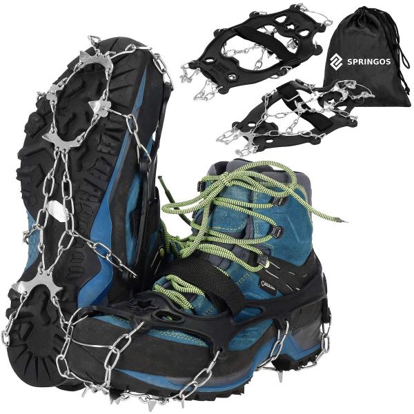 Raczki na buty Springos stalowe antypoślizgowe rozmiar 41-45. Czarne buty trekkingowe SPRINGOS, bez zapięcia. Za 21,99 zł.