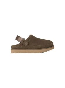 Damskie klapki Ugg Goldenstar clog 1138252-DNS. Brązowe klapki Ugg, bez wzorów, z materiału, z okrągłym noskiem, bez obcasa. Za 447,77 zł.