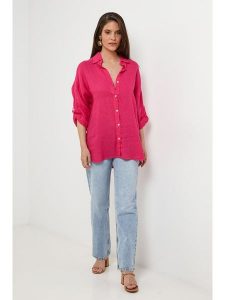 Lin Passion Lniana koszula w kolorze różowym rozmiar: 34/36. Różowe koszule Lin Passion, bez wzorów, z koronki, bez kołnierzyka, bez ramiączek. Za 143,99 zł.