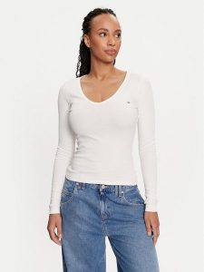 Tommy Jeans Bluzka Essential DW0DW17990 Écru Slim Fit. Bluzki Tommy Jeans, l, bez wzorów, z bawełny, bez kołnierzyka, bez ramiączek. Za 129,99 zł.