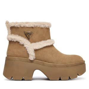 Botki Guess. Brązowe botki Guess, z aplikacjami, bez obcasa, na słupku, bez zapięcia. Za 519,99 zł.