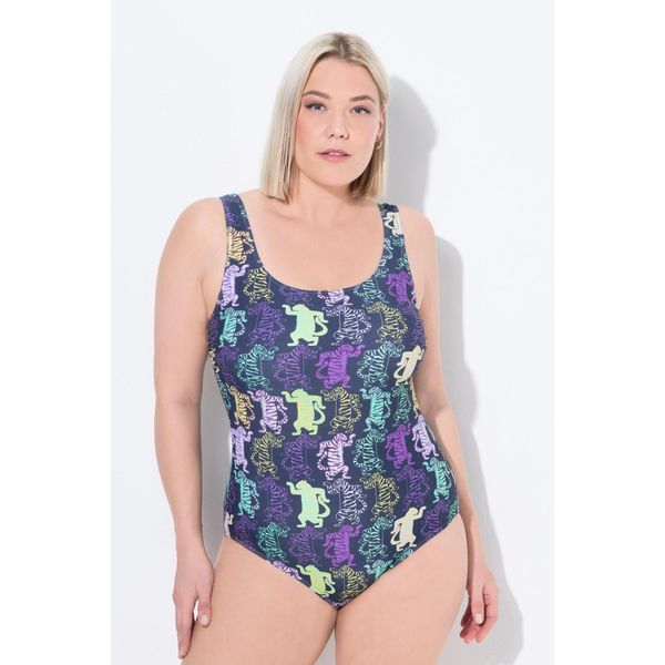 Damskie Kostium kąpielowy tygrysi wzór bez miękkich miseczek okrągły dekolt. Niebieskie stroje jednoczęściowe Ulla Popken, bez wzorów, z elastanu. W wyprzedaży za 139,99 zł.