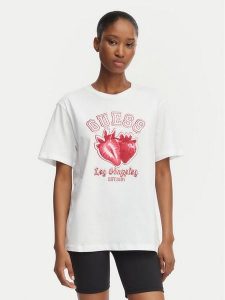 Guess T-Shirt V6GI14 K2981 Biały Relaxed Fit. Białe t-shirty Guess, l, z aplikacjami, z bawełny, bez kołnierzyka, bez ramiączek. Za 174,99 zł.