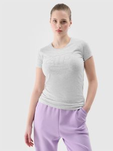 4F T-shirt slim z nadrukiem damski - szary L. Szare t-shirty 4f, l, bez wzorów, z bawełny, bez kołnierzyka, bez ramiączek. W wyprzedaży za 39,99 zł.