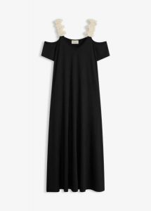 Sukienka z dżerseju z szydełkową koronką. Czarne sukienki bonprix, bez wzorów, z dżerseju, eleganckie, bez kołnierzyka, bez ramiączek. Za 79,99 zł.