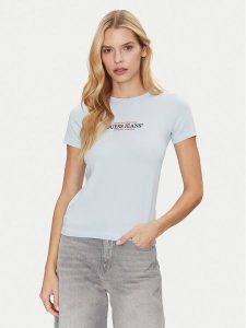 Guess Jeans T-Shirt W4YI03 J1314 Błękitny Slim Fit. Niebieskie t-shirty Guess Jeans, xs, z aplikacjami, z bawełny, bez kołnierzyka, bez ramiączek. Za 129,99 zł.