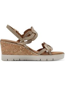 Tamaris Sandały w kolorze złoto-jasnobrązowym na koturnie rozmiar: 40. Brązowe sandały Tamaris, bez wzorów, z otwartym noskiem, bez obcasa, na koturnie, bez zapięcia. Za 153,71 zł.