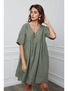 Fleur de Lin Lniana sukienka "Etsy" w kolorze khaki rozmiar: XL. Brązowe sukienki Fleur de Lin, xl, bez wzorów, ze lnu, bez kołnierzyka, bez ramiączek, mini. Za 186,95 zł.