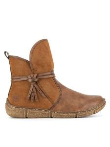 Rieker Botki Z3772-22 Brązowy. Brązowe botki Rieker, bez wzorów, z materiału, bez obcasa, na płaskiej podeszwie, bez zapięcia. Za 251,99 zł.