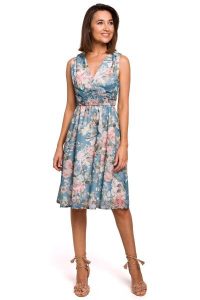 Sukienka w Kwiaty z Podkreśloną Talią - Model 4. Brązowe sukienki MOE, l, bez wzorów, z materiału, bez kołnierzyka, bez ramiączek, rozkloszowane. Za 309,90 zł.