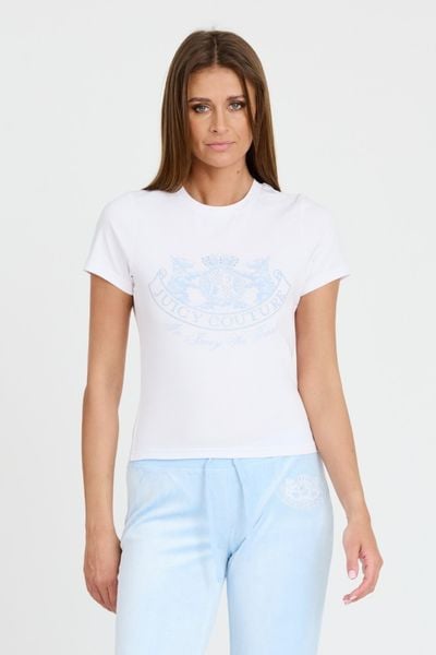 JUICY COUTURE Biały damski t-shirt Enzo Dog Crest, Rozmiar M. Czarne t-shirty Juicy Couture, m, bez wzorów, bez kołnierzyka, bez ramiączek. W wyprzedaży za 110,99 zł.