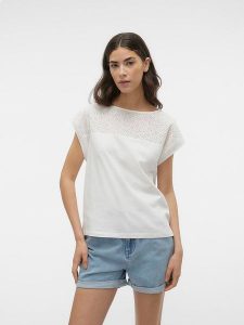 Vero Moda Koszulka w kolorze białym rozmiar: L. Białe bluzki Vero Moda, l, bez wzorów, z bawełny, bez kołnierzyka, bez ramiączek. Za 43,88 zł.