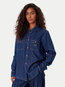 Guess Jeans Koszula jeansowa W5YH37 D5M8D Granatowy Regular Fit. Niebieskie koszule Guess Jeans, m, z aplikacjami, z bawełny, bez kołnierzyka, bez ramiączek. Za 239,99 zł.