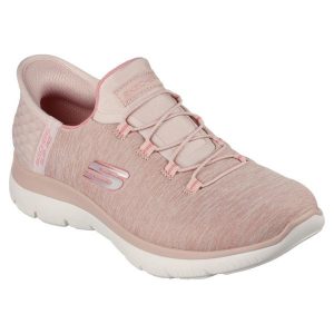 Damskie SUMMITS DAZZLING HAZE Slip-On Różowy. Czerwone buty sportowe Skechers, bez wzorów, z materiału, bez zapięcia. Za 259,99 zł.