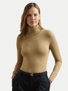 LAUREN RALPH LAUREN Golf 200940470015 Beżowy Slim Fit. Brązowe golfy Lauren Ralph Lauren, bez wzorów, z jedwabiu. Za 459,99 zł.