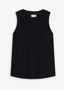 Top dzianinowy z bawełny o pętelkowej strukturze. Czarne topy bonprix, bez wzorów, z bawełny, eleganckie, bez kołnierzyka, bez ramiączek. Za 37,99 zł.