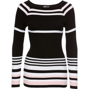 Sweter bonprix czarno-biało-różowobrązowy w paski. Długie swetry marki bonprix. Za 59,99 zł.