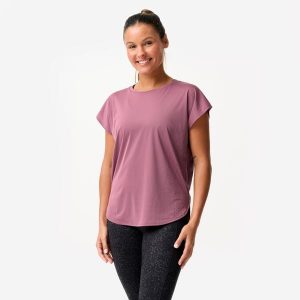 Koszulka fitness damska Domyos krótki rękaw. Fioletowe bluzki DOMYOS, l, bez wzorów, z elastanu, sportowe, bez kołnierzyka, bez ramiączek. Za 57,49 zł.