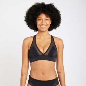 Góra kostiumu kąpielowego surfingowego damska Olaian Isa. Czarne bikini OLAIAN, w ażurowe wzory, z elastanu. Za 99,99 zł.